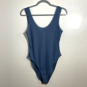 Forever21 Women's Blue Ribbed Knit Lace Tank Bodysuit Sz Medium Casual Festival